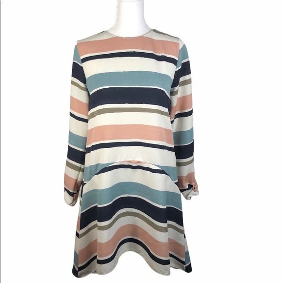 Zara Sz S High Low Drop Waist Dress Cream Navy - Picture 1 of 6